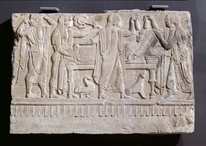 Grafmonument met rouwenden rondom het neerleggen van een lichaam voor crematie, ca. 490-480 v.Chr.